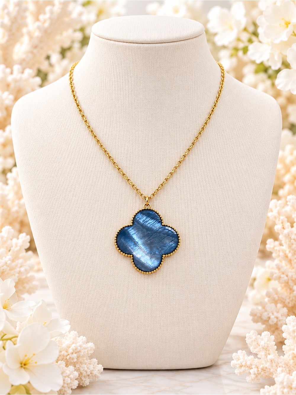 Gold Chain Necklace with Blue Clover Pendant